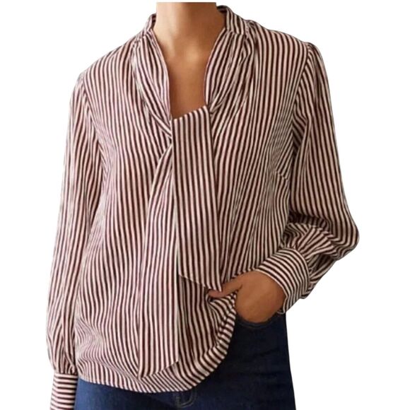 NWT ANTHROPOLOGIE MAEVE Tie-Neck Blouse Size Small Long Sleeve Red White Stripes - Picture 2 of 16